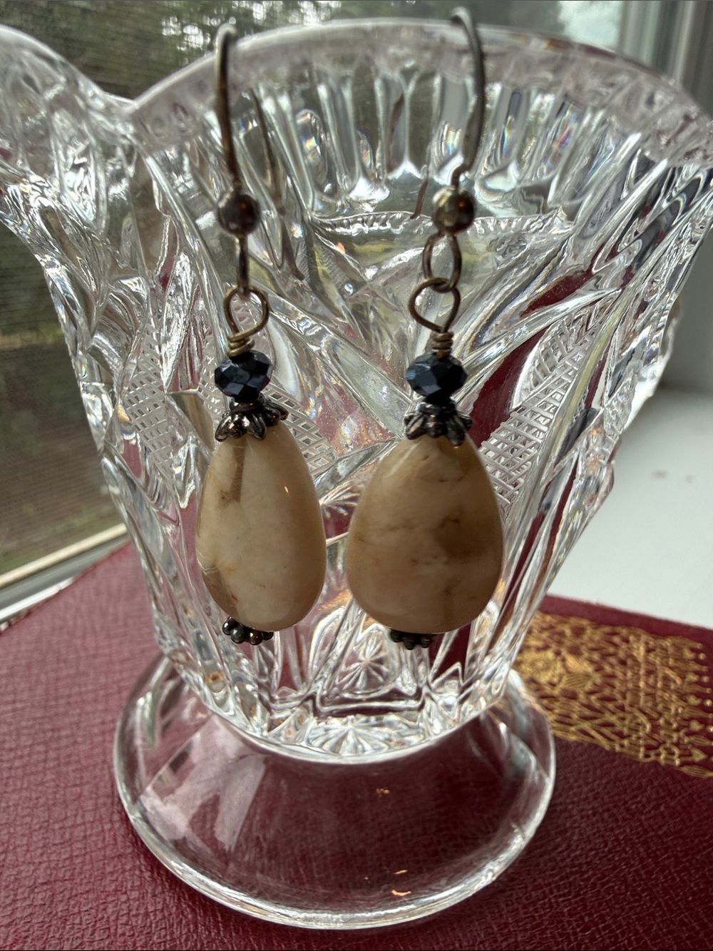 Beige Jasper Teardrop Stone Dangle Earrings with Sterling Silver Accents - Picture 3 of 5